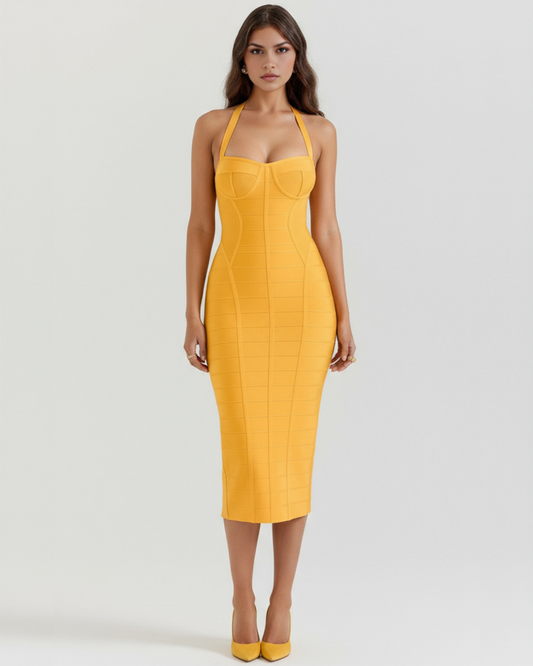 Cleo Midi Dress | Heavyweight Bandage Fabric, Halter Neck, Perfect for Wedding Guest and Cocktail Events