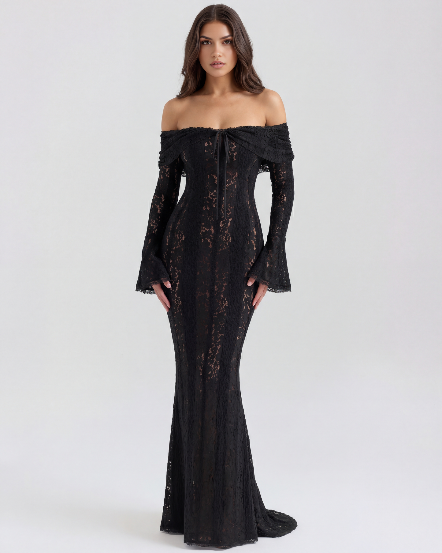 Alyssa Black Maxi Dress | Stretch Floral Lace, Off-Shoulder 0