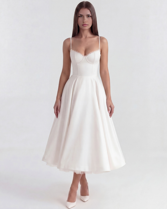 Sienna Midi Dress | Satin, Tulle Skirt for Wedding Guest and Cocktail Events