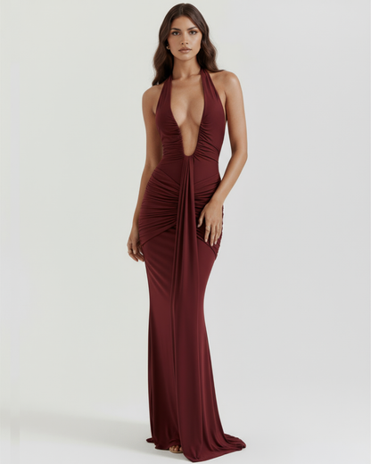 Ariel Black Maxi Dress | Plunging Halter Neckline, Slinky Jersey