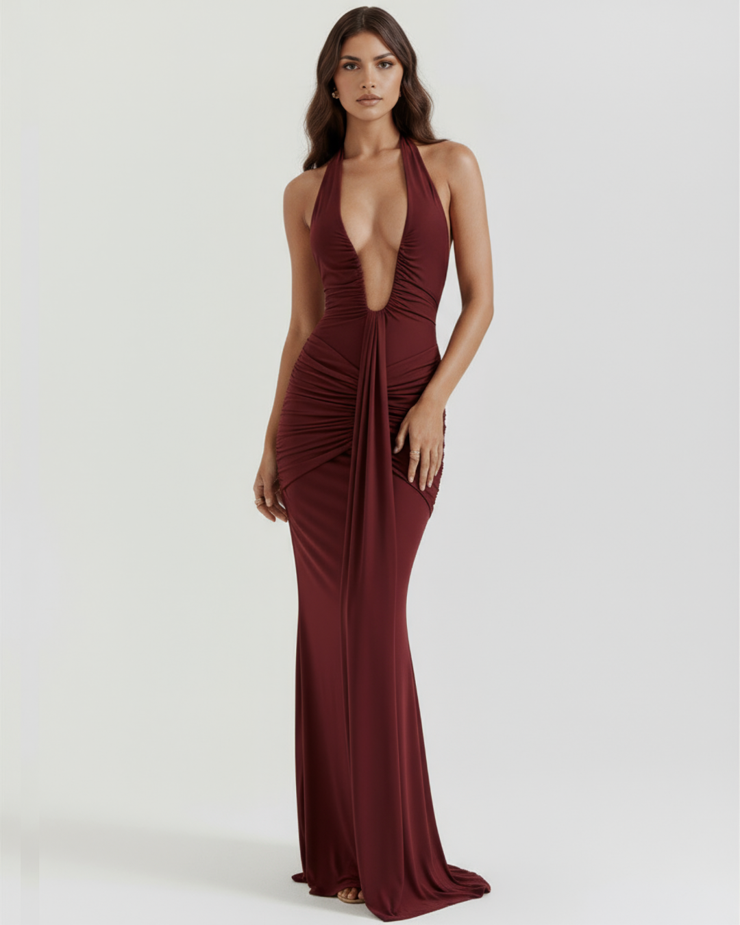 Ariana Maxi Dress | Plunging Halter Neckline, Ruched Details, Long Dress for Women