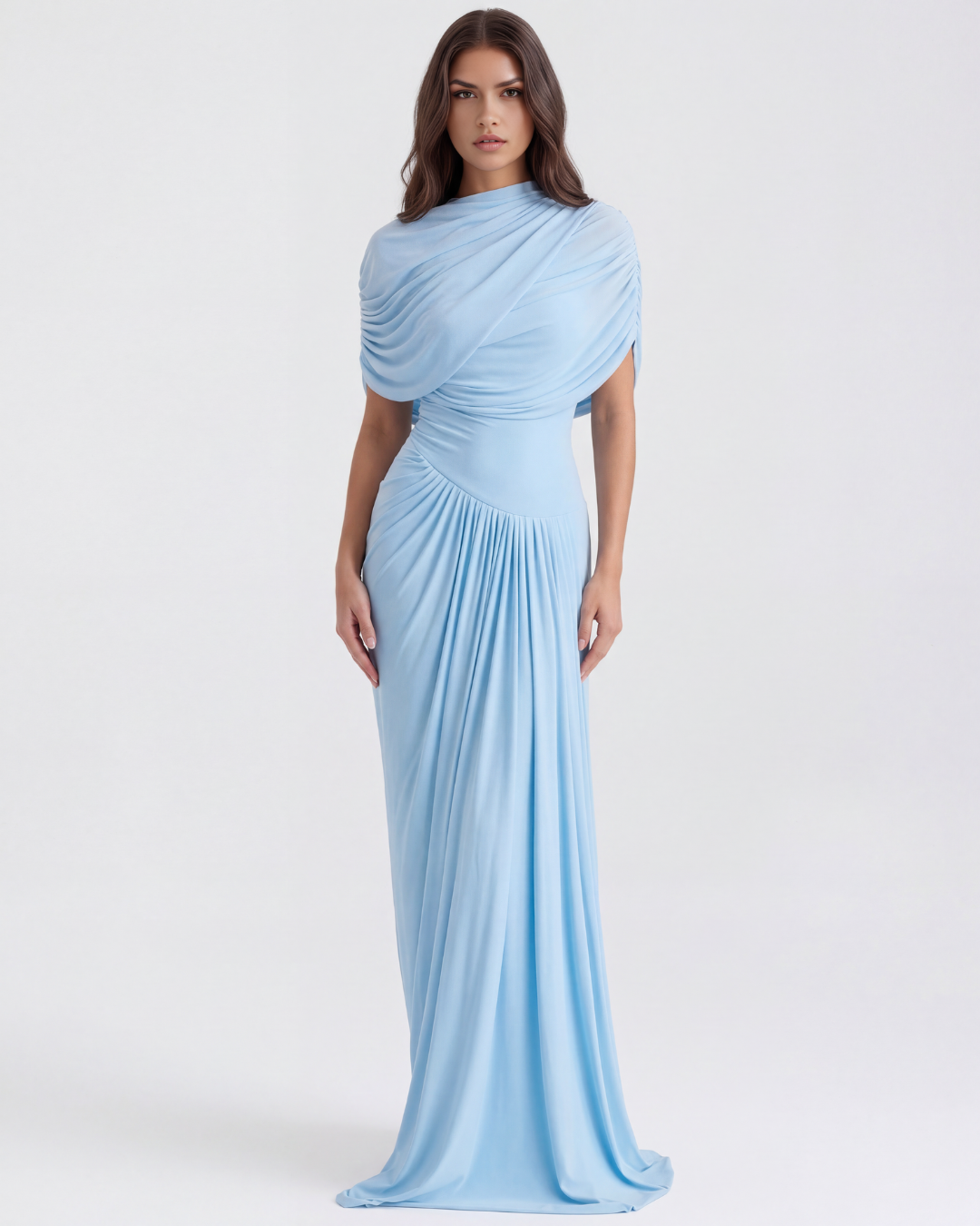 Celeste Maxi Dress | Baby-Blue Long Gown with Shawl Detail