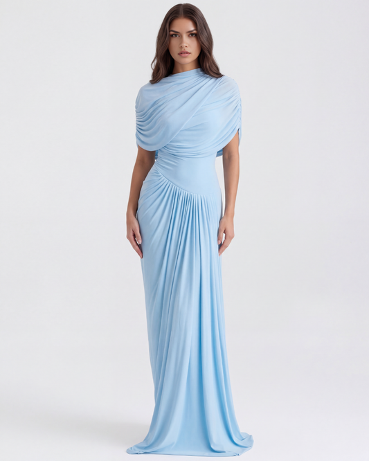 Celeste Maxi Dress | Baby-Blue Long Gown with Shawl Detail